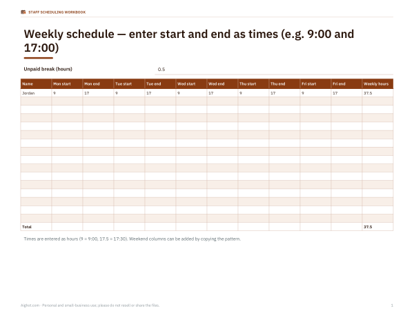 Preview of Printable Weekly Work Schedule Template